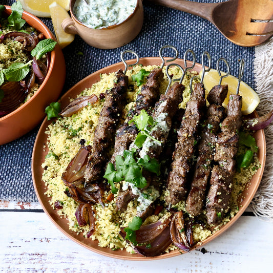 Organic Lamb Skewers with Couscous Salad and Herb Lemon Yoghurt