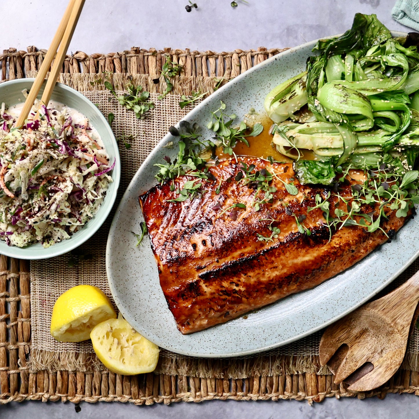 Honey and Miso Baked Salmon with Wasabi Slaw