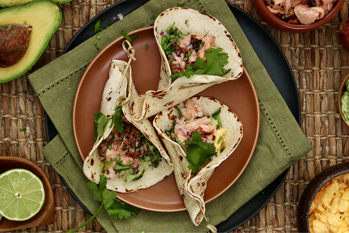 Smoked Salmon, Scrambled Eggs and Guacamole Tacos