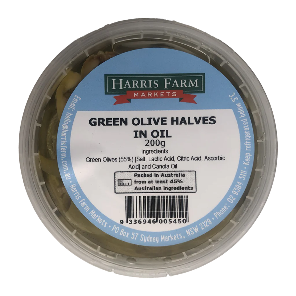 Harris Farm Green Olive Halves In Oil 200g