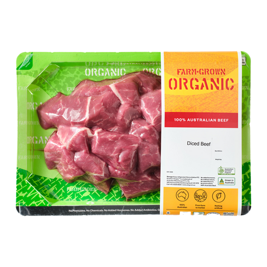 Farm Grown Organic Beef Diced 400-500g