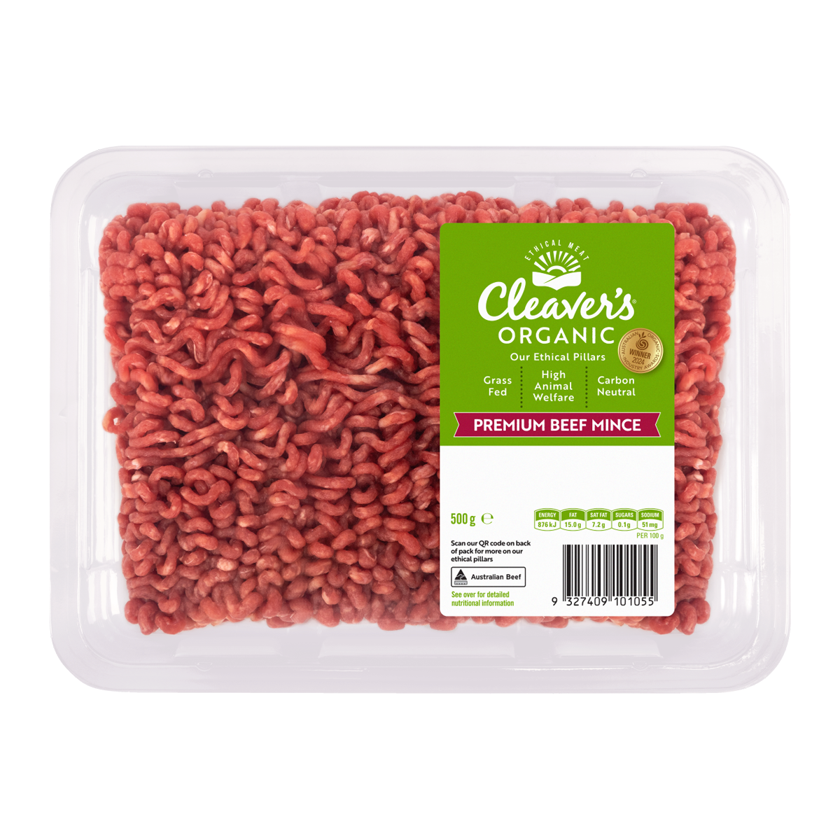 Cleaver's Organic Free Range and Grass Fed Premium Beef Mince 500g