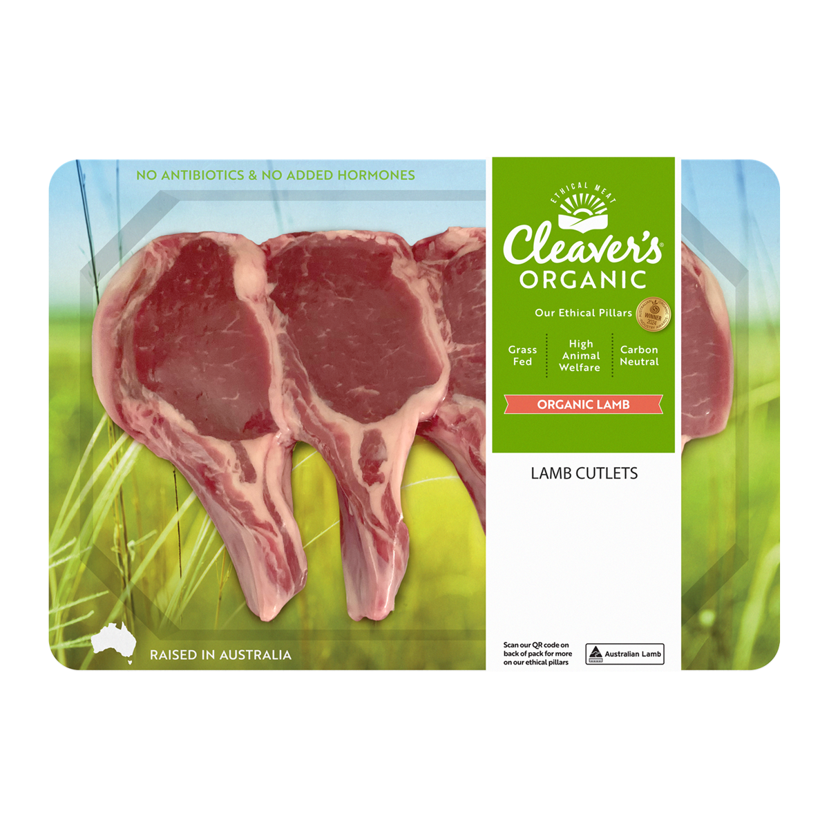 Cleaver's Organic Free Range and Grass Fed Lamb Cutlets 150-350g