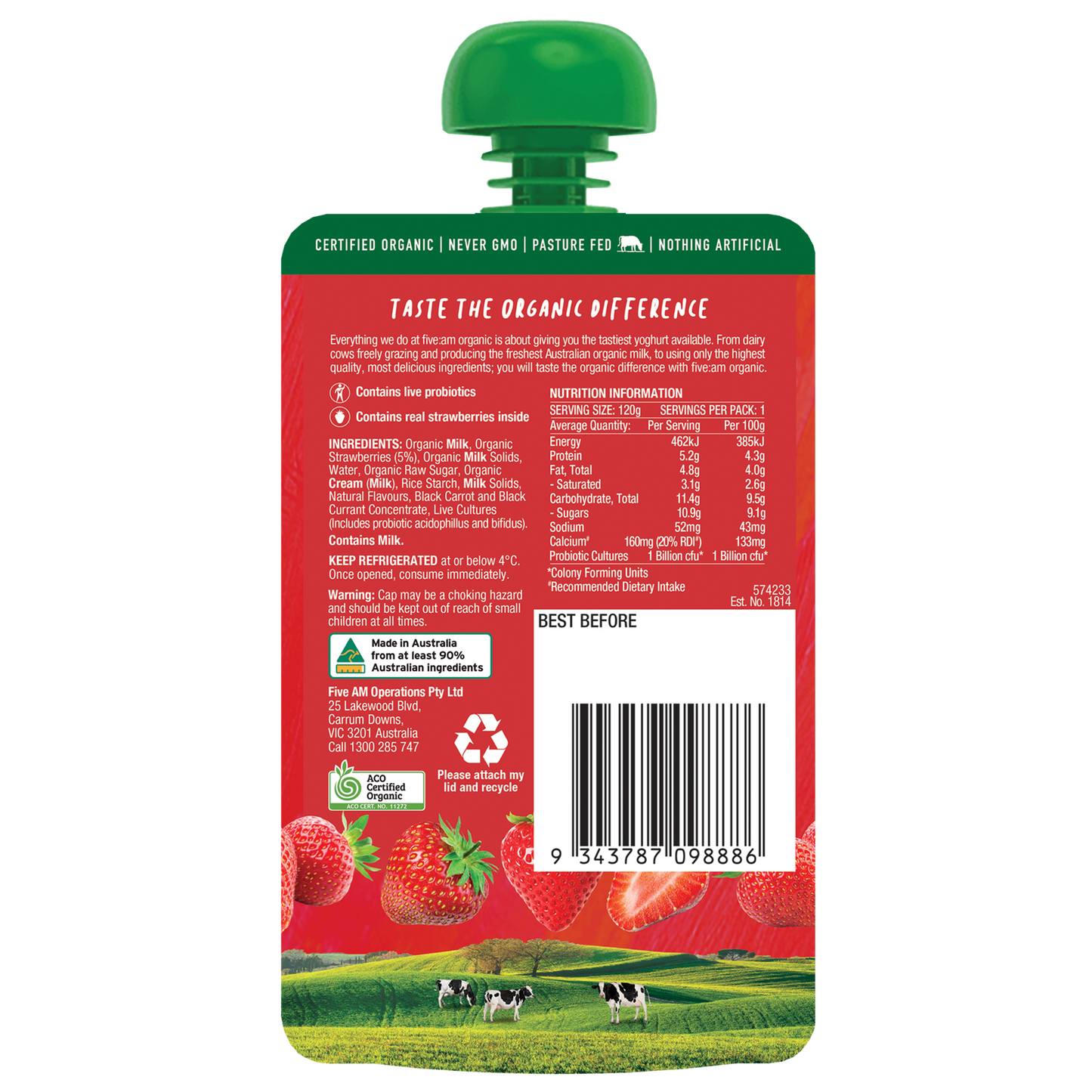 Five AM Strawberry Organic Kids Yoghurt 120g