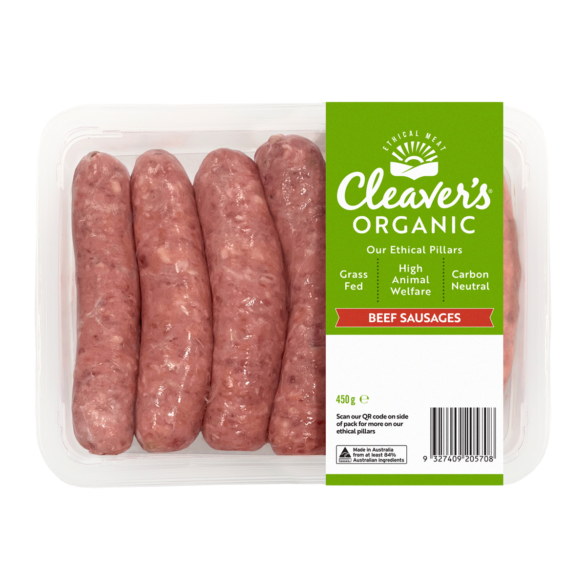 Cleaver's Organic Free Range and Grass Fed Beef Sausages 450g