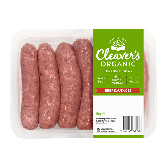 Cleaver's Organic Free Range and Grass Fed Beef Sausages 450g