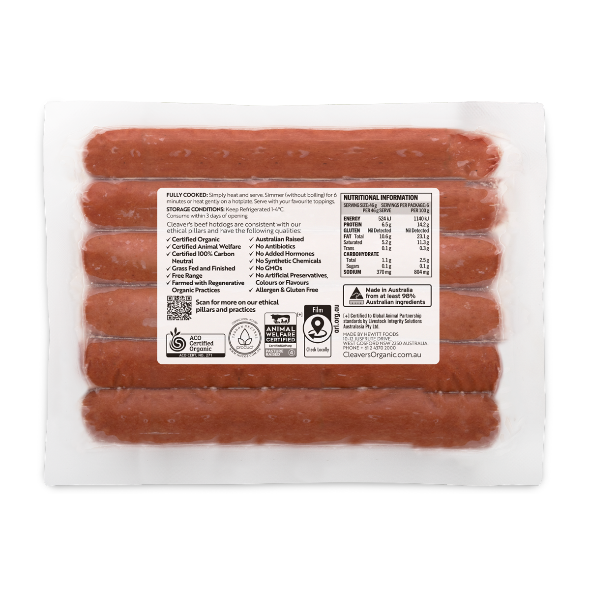 Cleaver's Organic Free Range and Grass Fed Beef Hotdog 275g