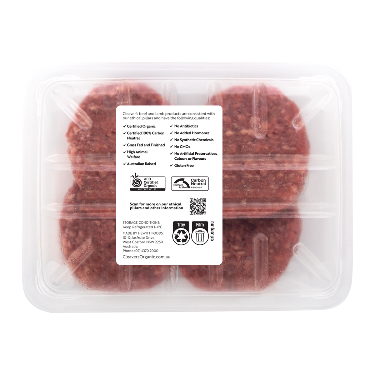 Cleaver's Organic Free Range and Grass Fed Beef Chuck and Brisket Burgers x4 450g