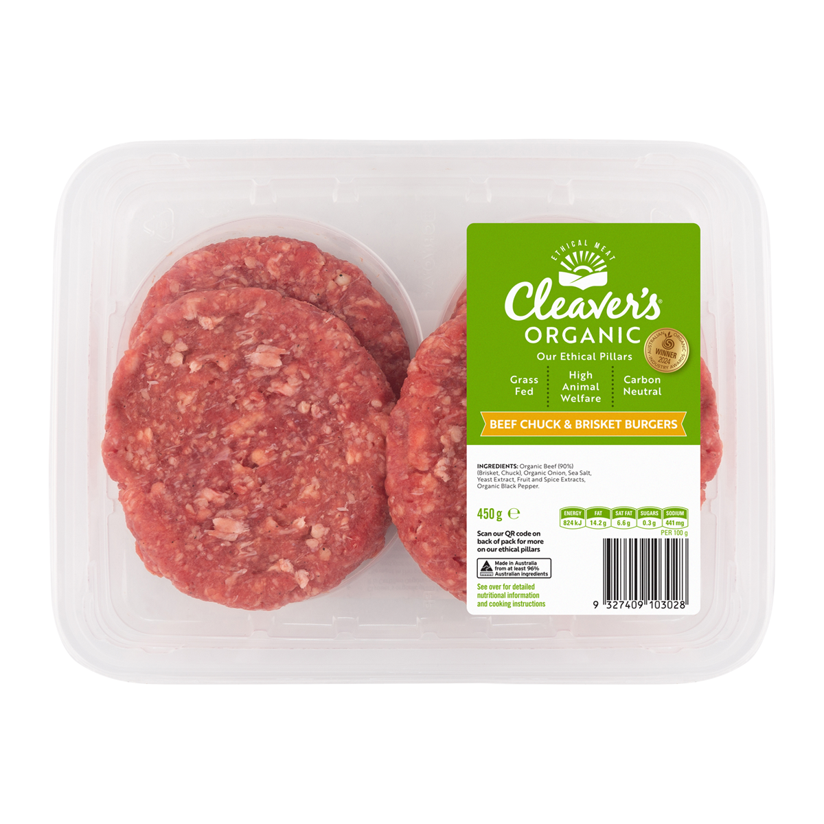 Cleaver's Organic Free Range and Grass Fed Beef Chuck and Brisket Burgers x4 450g