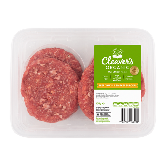 Cleaver's Organic Free Range and Grass Fed Beef Chuck and Brisket Burgers x4 450g