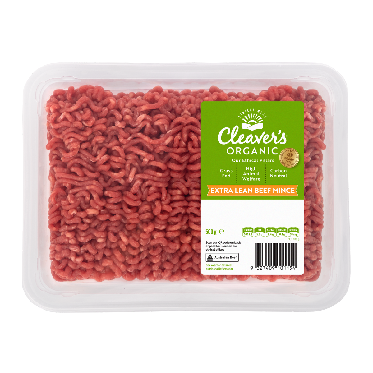 Cleaver's Organic Free Range and Grass Fed Extra Lean Beef Mince 500g