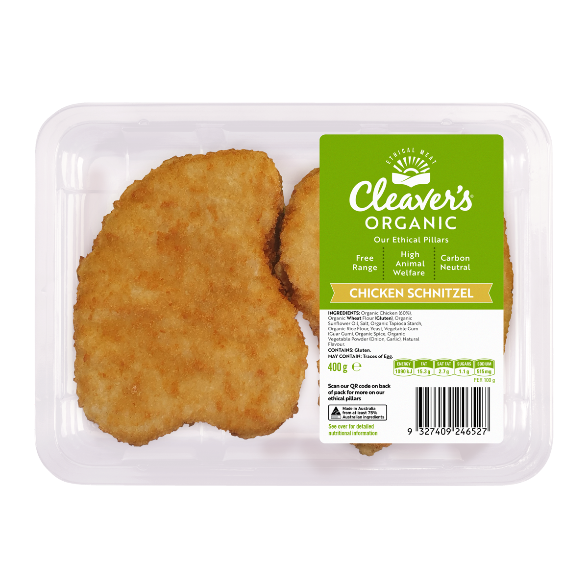 Cleaver's Organic Free Range Chicken Schnitzel 400g