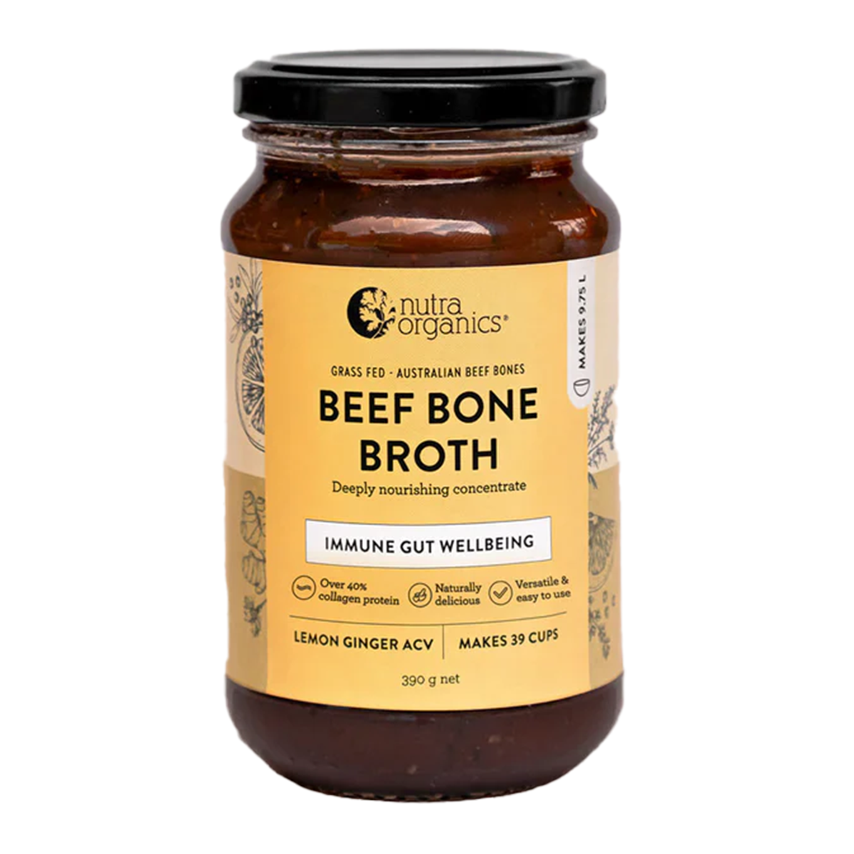 Nutra Organics Beef Bone Broth Lemon and Ginger 390g