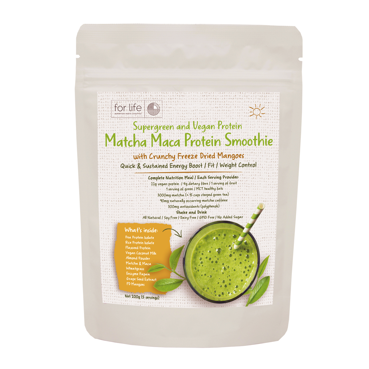 For Life Matcha Maca Protein Smoothie with Crunchy Freeze Dried Mangoes 200g