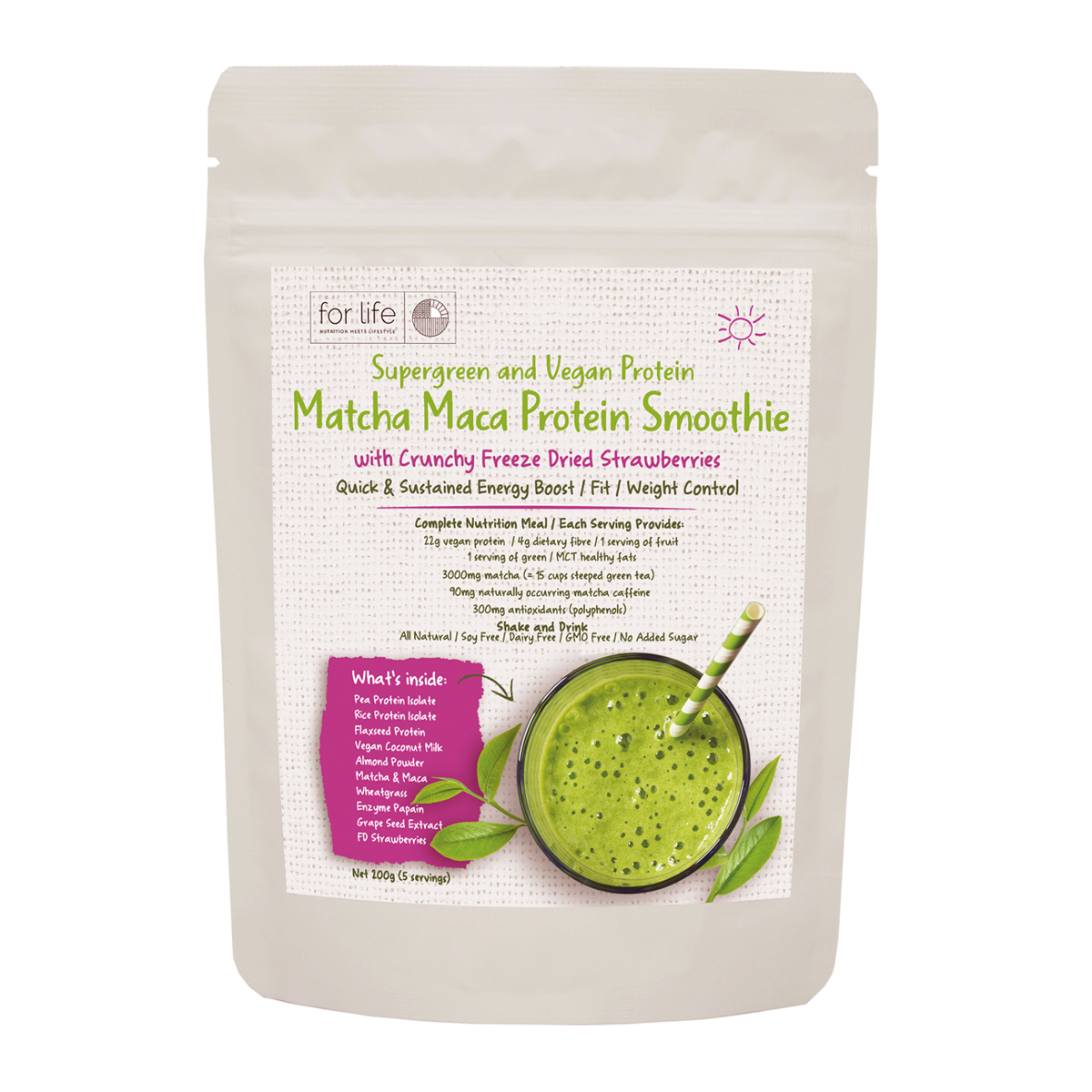 For Life Matcha Maca Protein Smoothie with Crunchy Freeze Dried Strawberries 200g