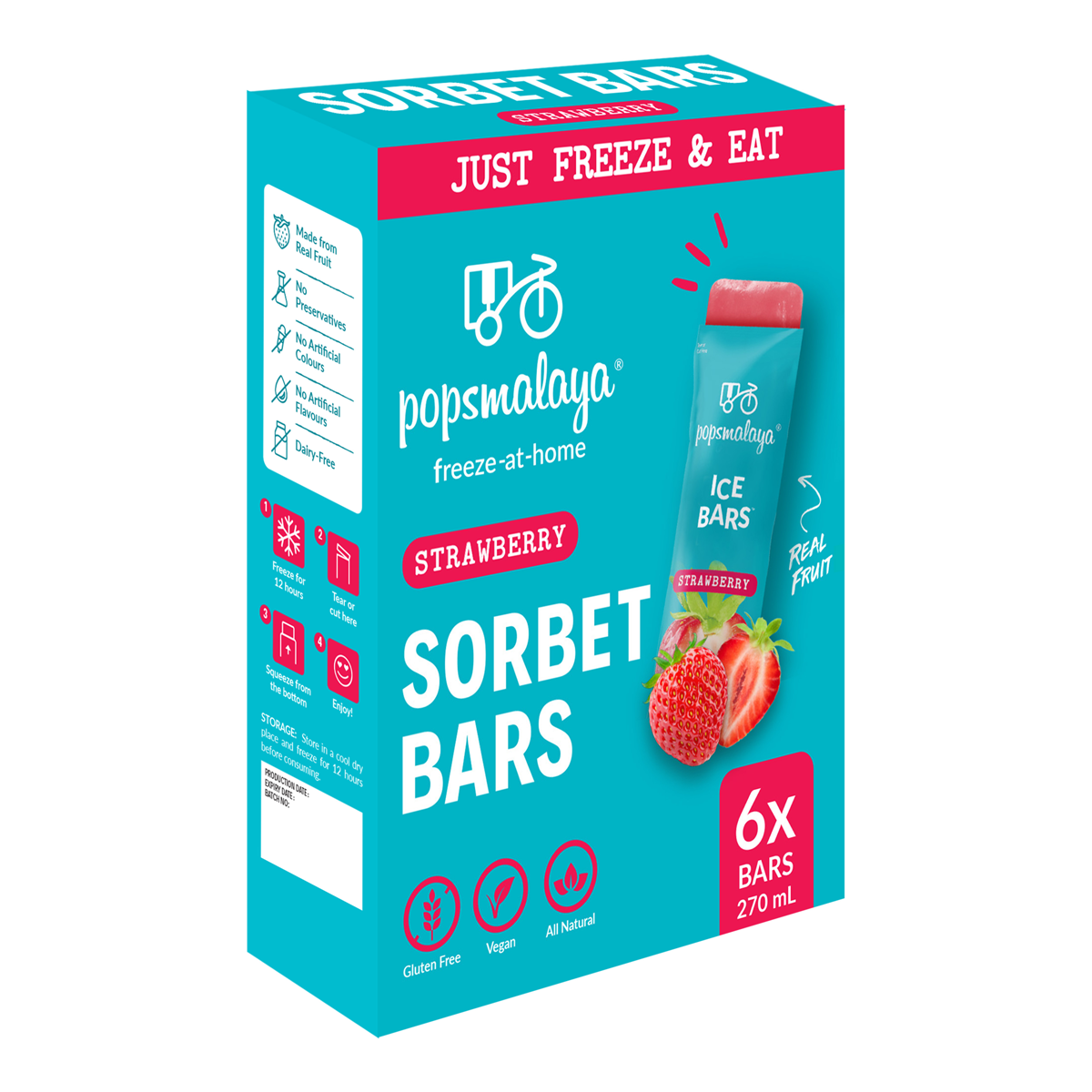 Pops Malaya Sorbet Bars Strawberry x6 270ml