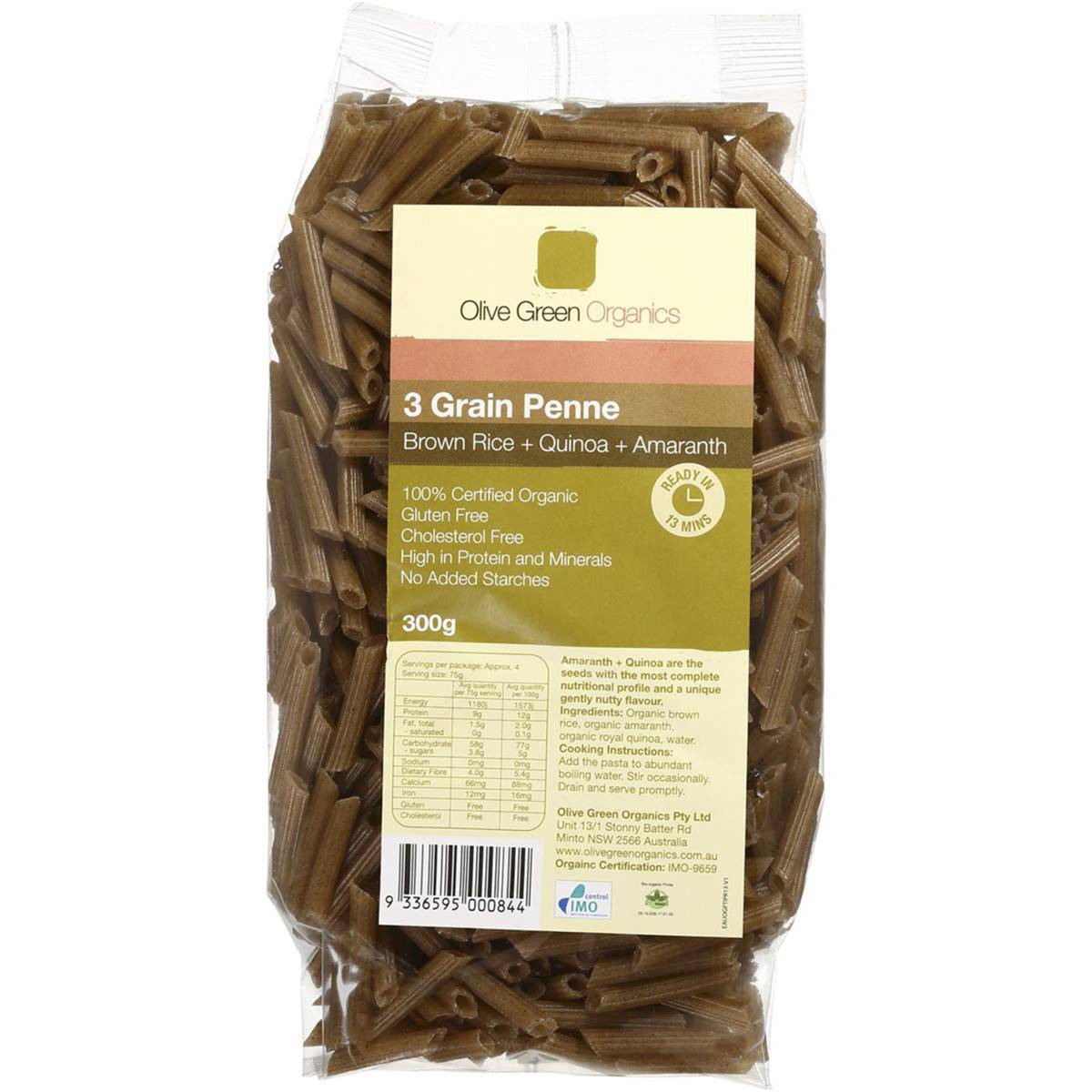 Olive Green Organic 3 Grain Penne 300g