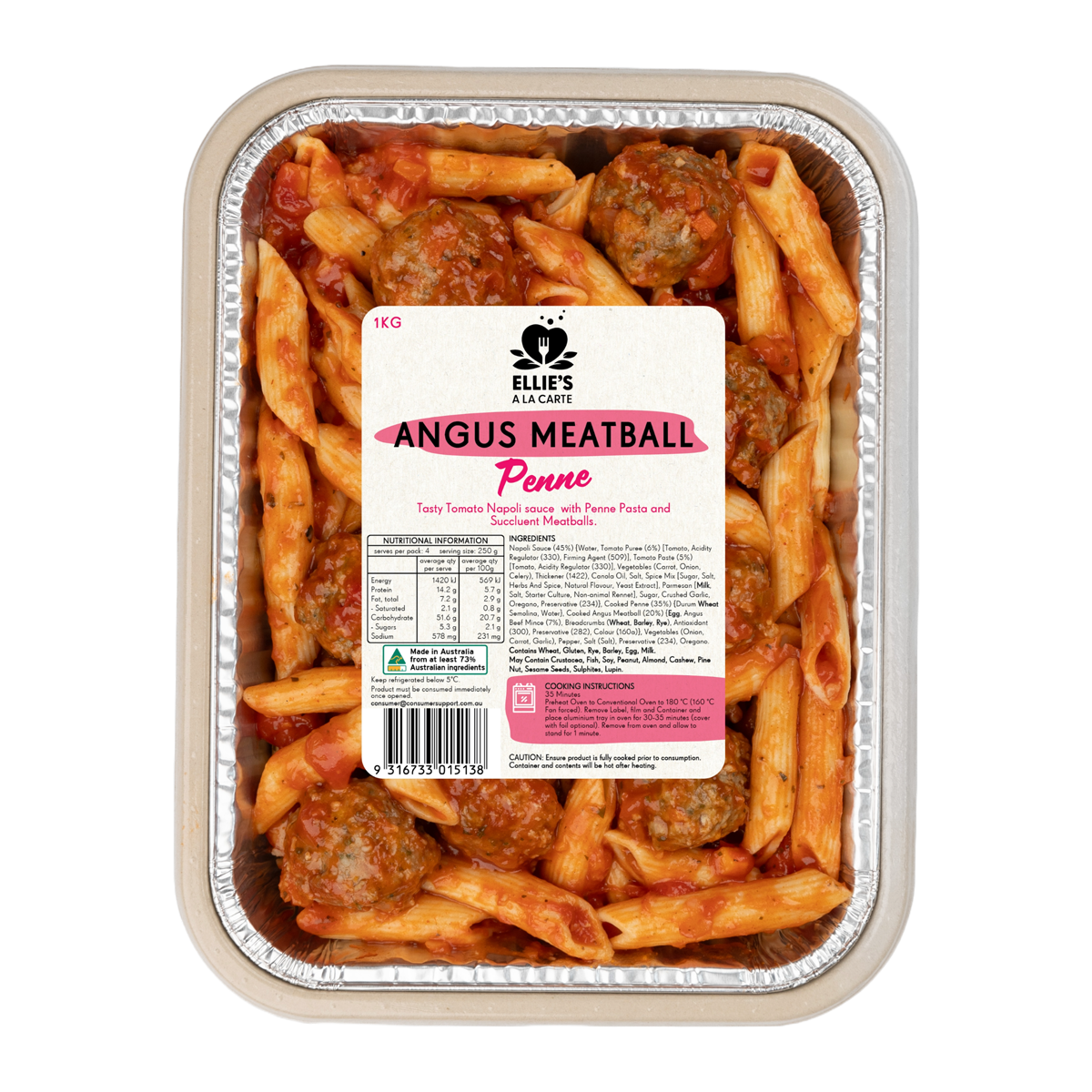 Ellies Ala Carte Angus Meatball Penne 1kg