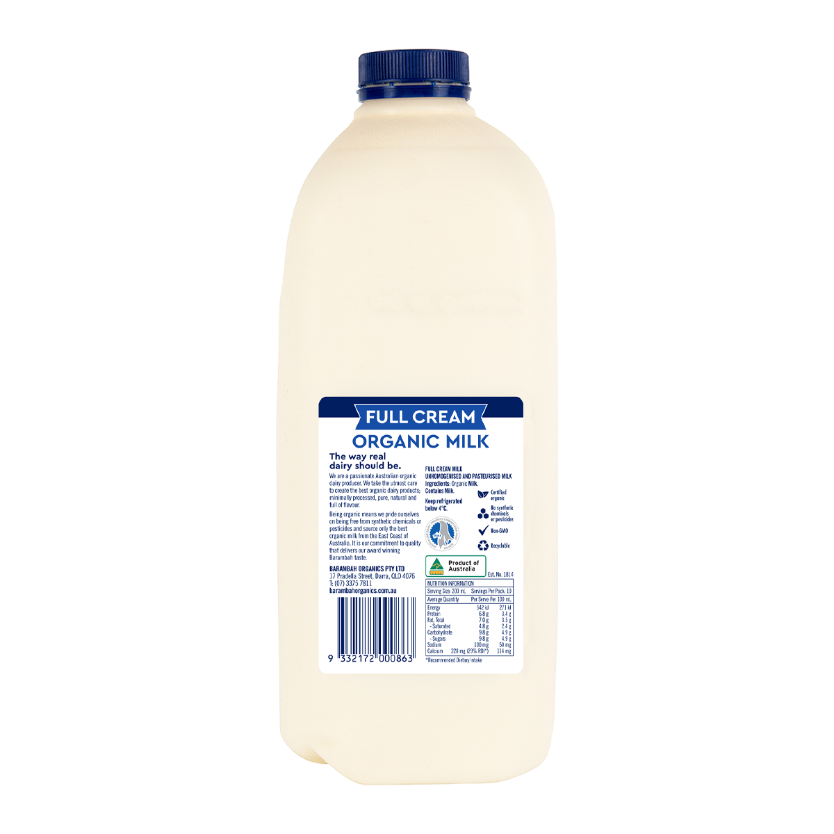 Barambah Organics Unhomogenised Cream Top Full Cream Milk 2L