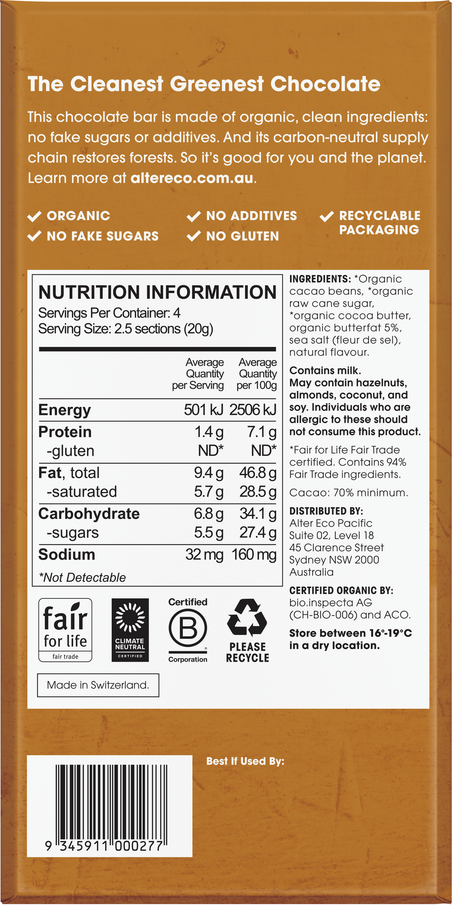 Alter Eco Organic 70% Dark Chocolate Brown Butter 80g