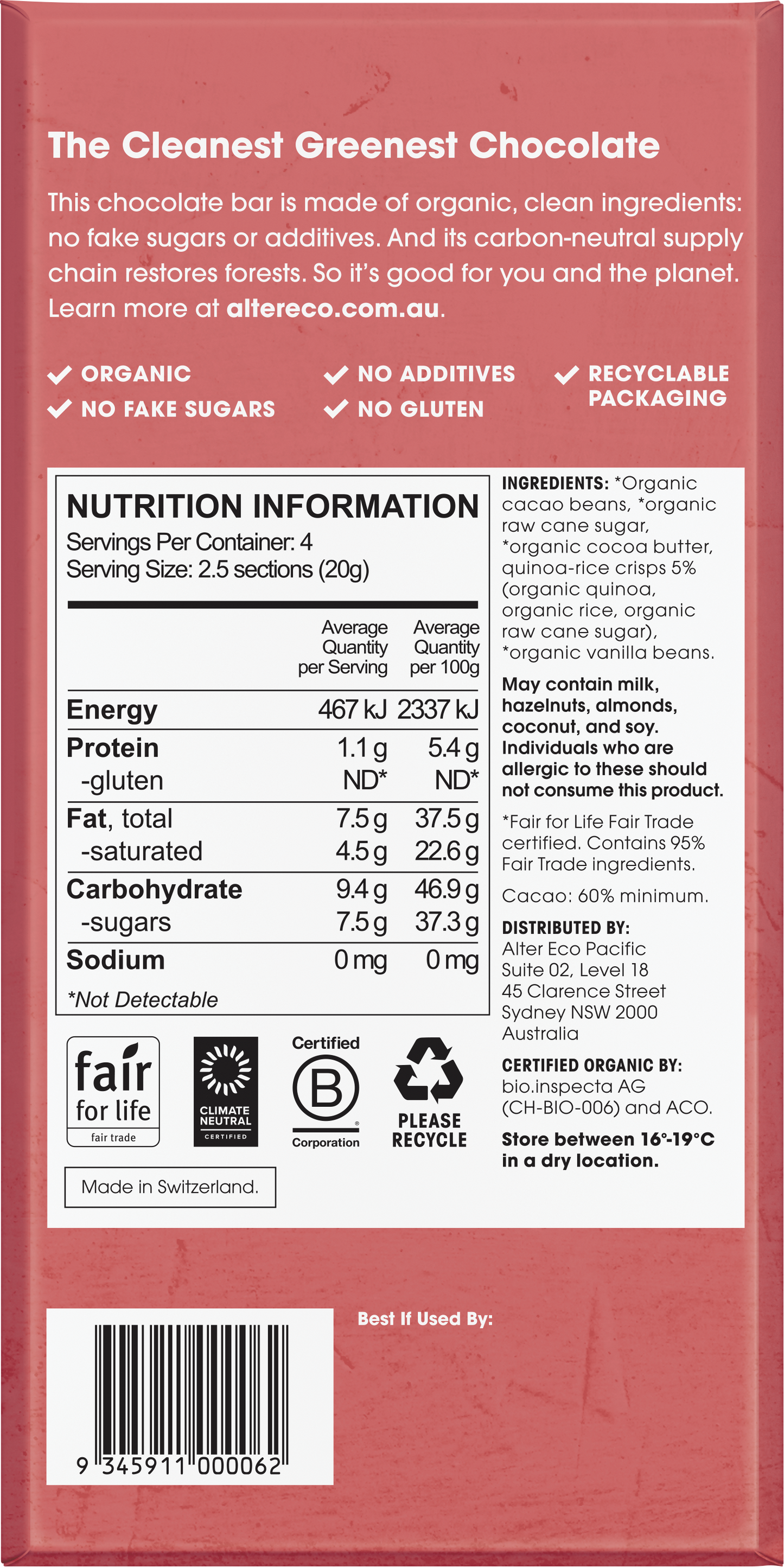 Alter Eco Organic 60% Dark Chocolate Quinoa Crunch 80g