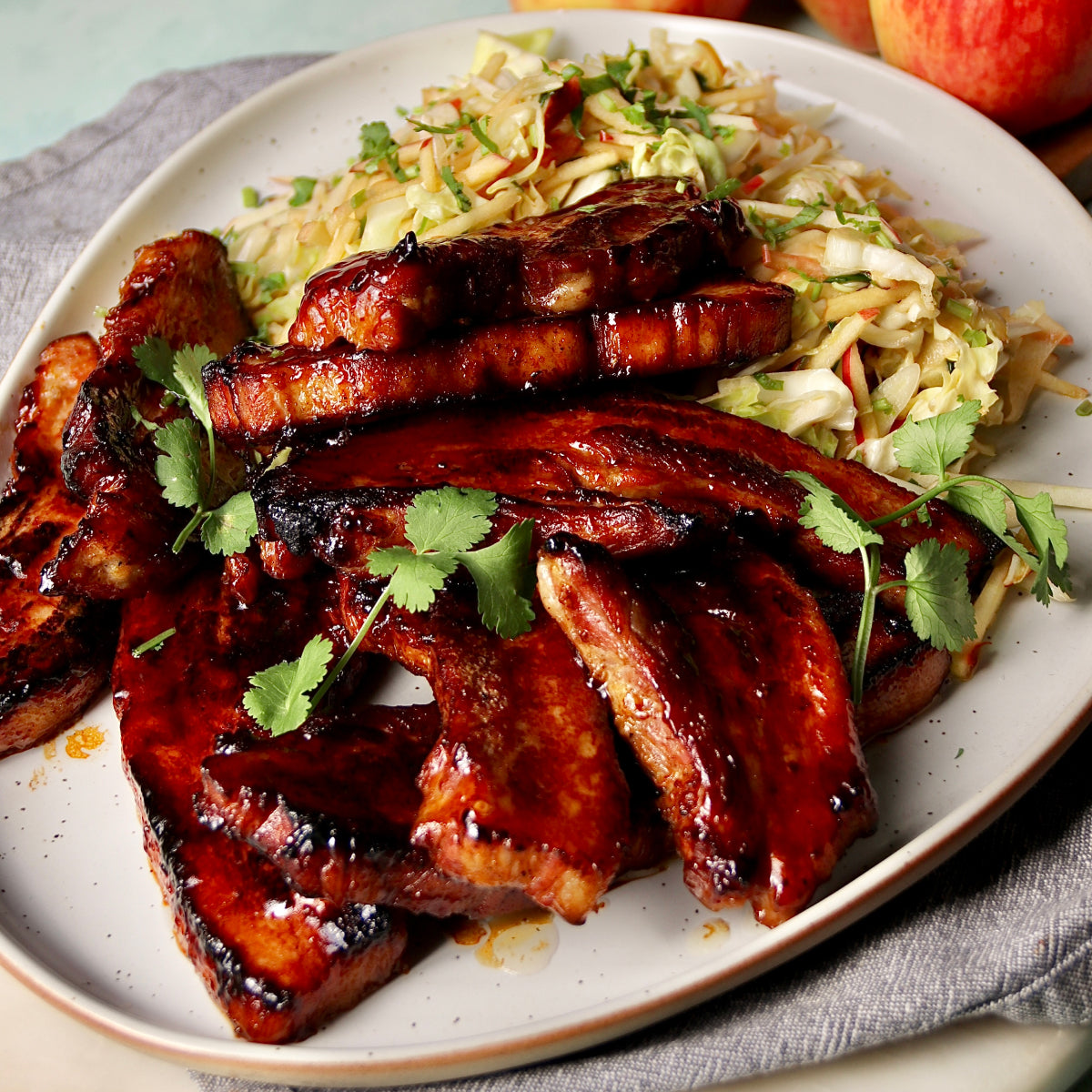 Sticky Pork Belly Strips - with Ambrosia Apple Slaw