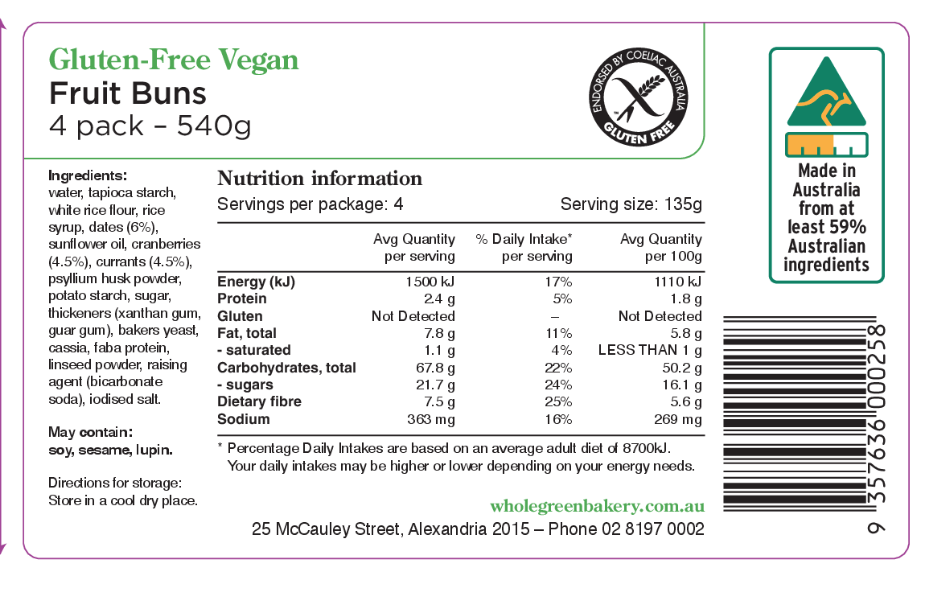 Wholegreen Bakery Gluten Free Vegan Fruit Buns 4x135g