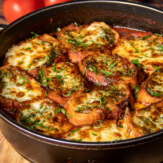 Roasted Tomato Soup with Pesto Mozzarella Croutons