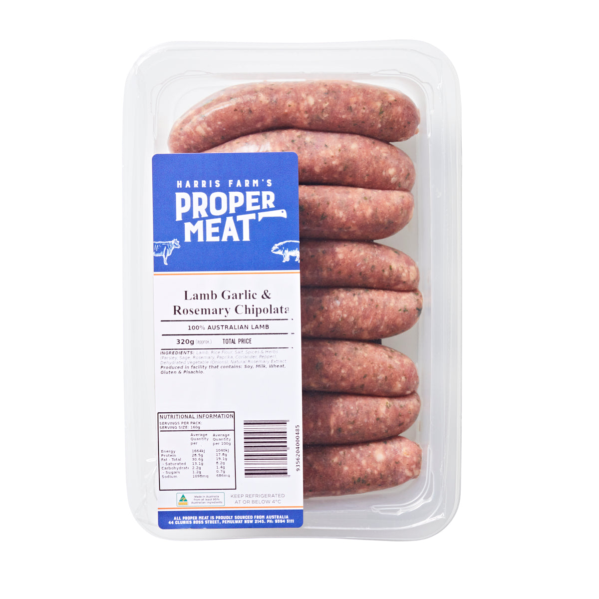 Harris Farm's Proper Meat Lamb Garlic and Rosemary Chipolatas 320g