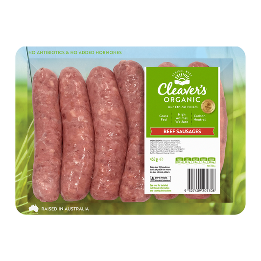 Cleaver's Organic Free Range and Grass Fed Beef Sausages 450g