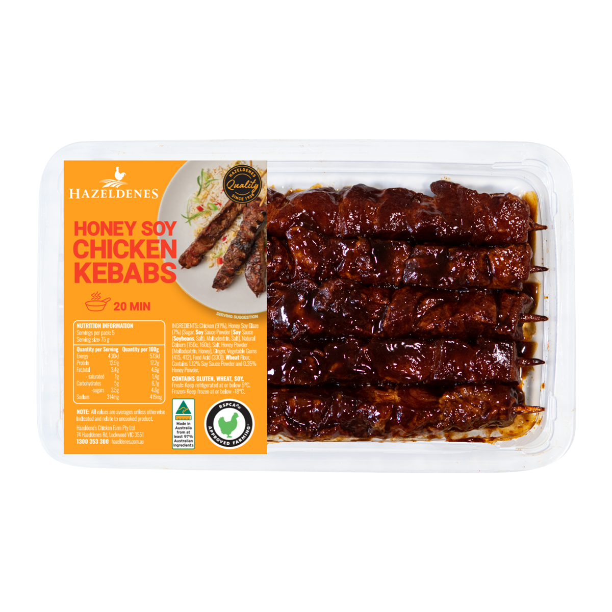 Hazeldenes Range Chicken Honey Soy Kebabs 375g