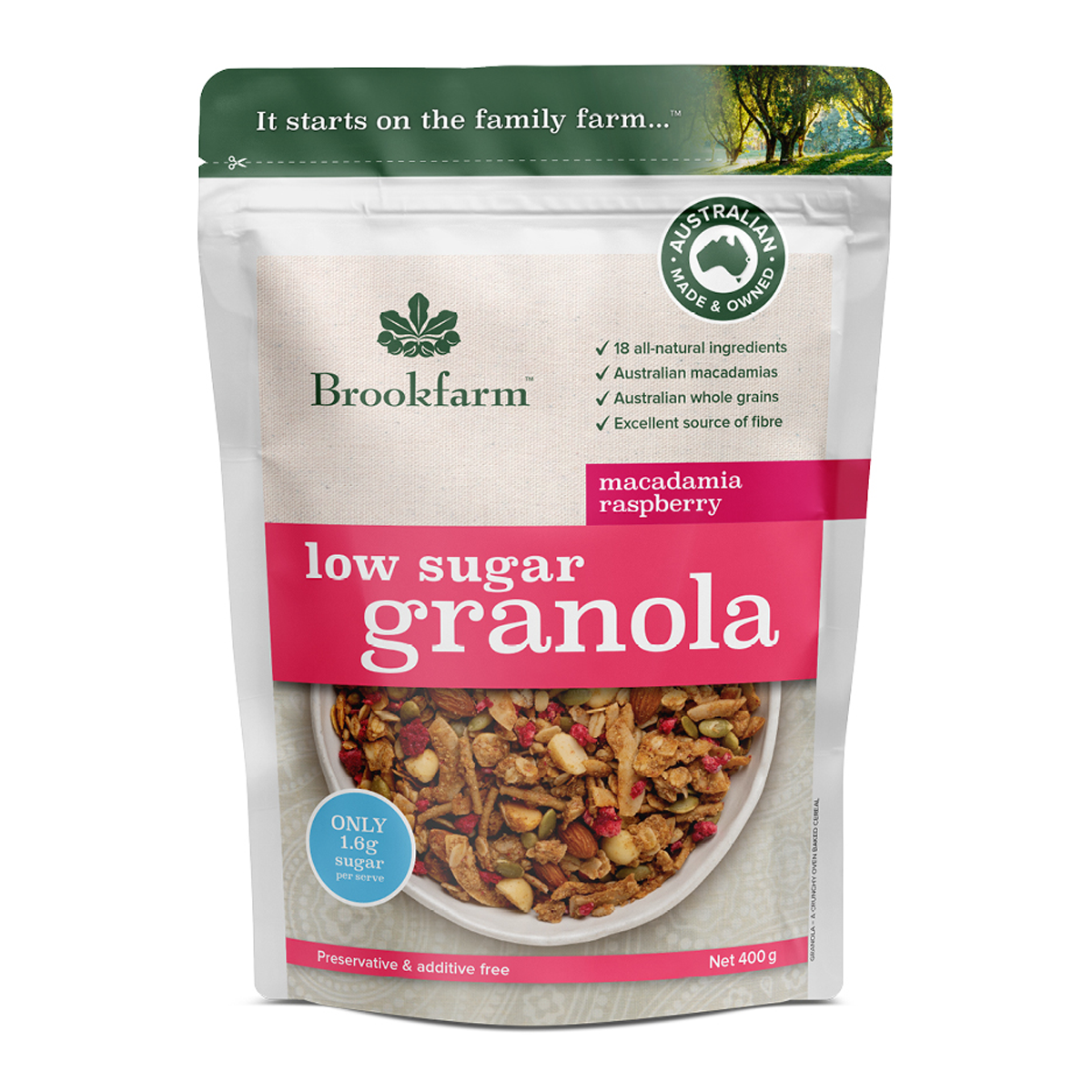 Brookfarm Granola Low Sugar Macadamia Raspberry 400g