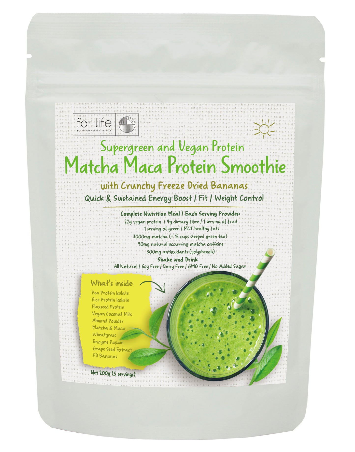 For Life Matcha Maca Protein Smoothie with Crunchy Freeze Dried Bananas 200g