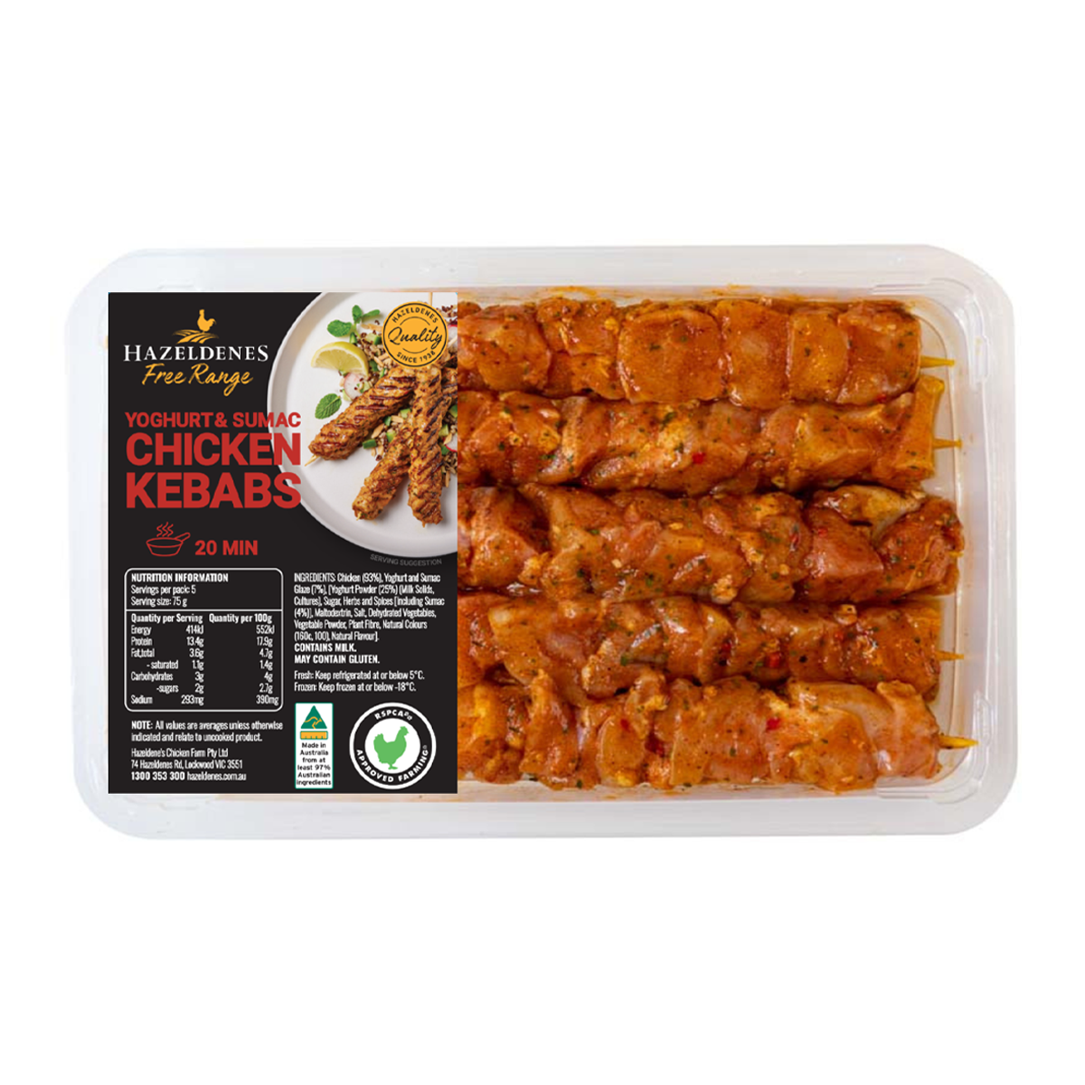 Hazeldenes Free Range Chicken Kebabs Yoghurt and Sumac 375g