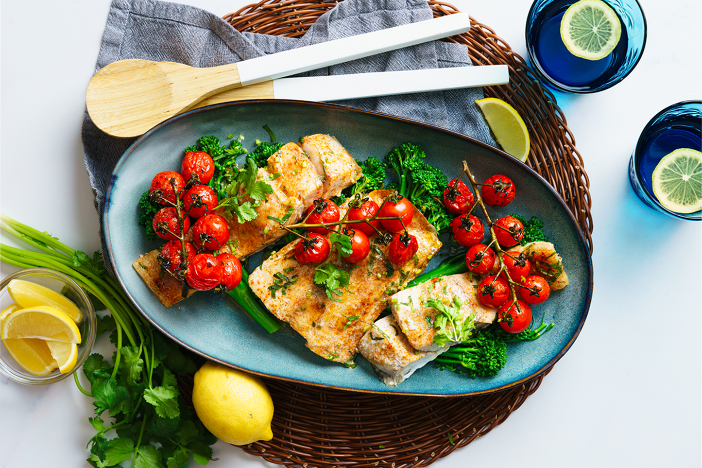 Baked Barramundi Fillets - with Roasted Cherry Tomatoes and Broccolini