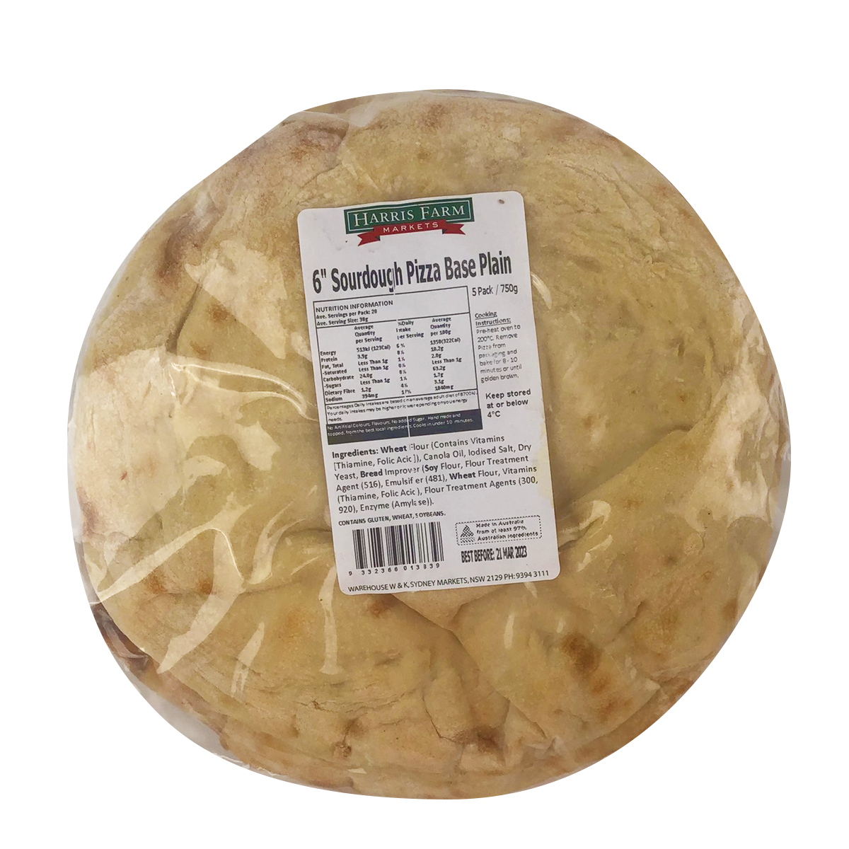 Harris Farm Pizza Bases Sourdough Small Plain x5 750g