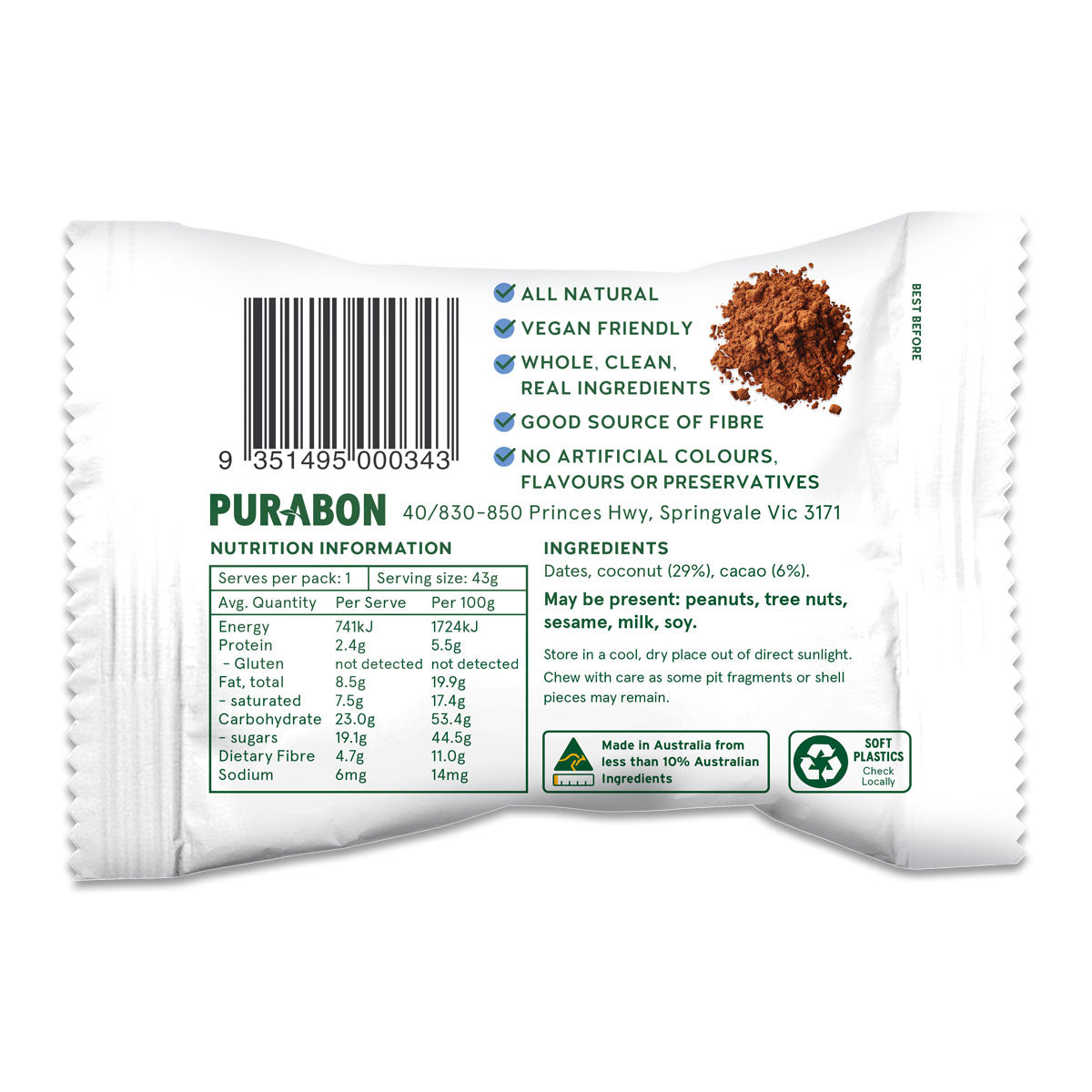 Purabon Wholefood Ball Coconut Cacao 43g