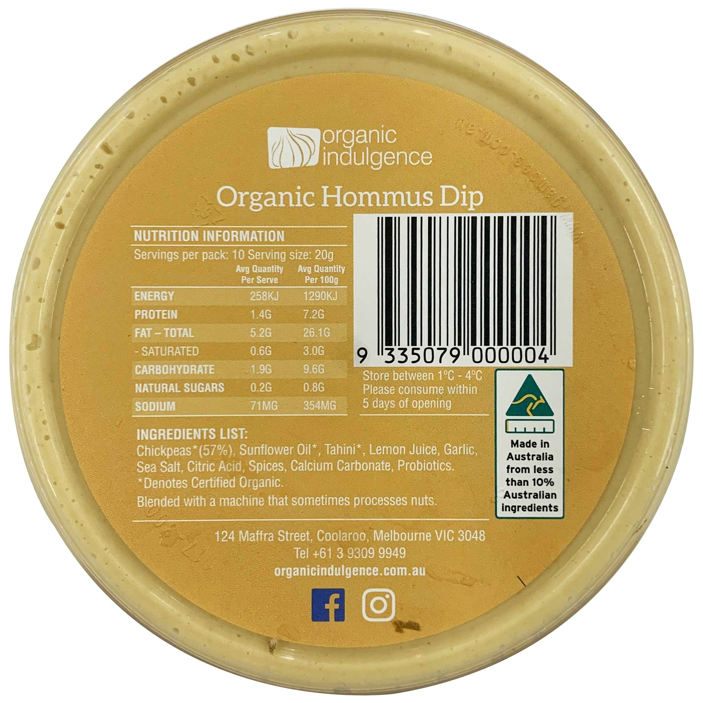 Organic Indulgence Organic Hommus Dip | Harris Farm Online