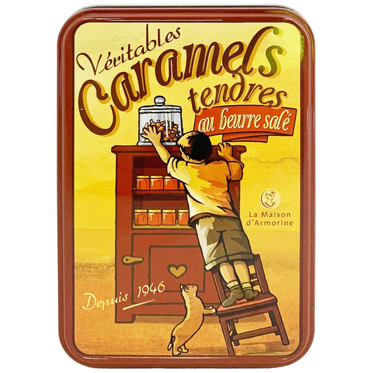 La Maison d'Armorine Caramels Tendres Vintage Boy on Chair Tin | Harris Farm Online