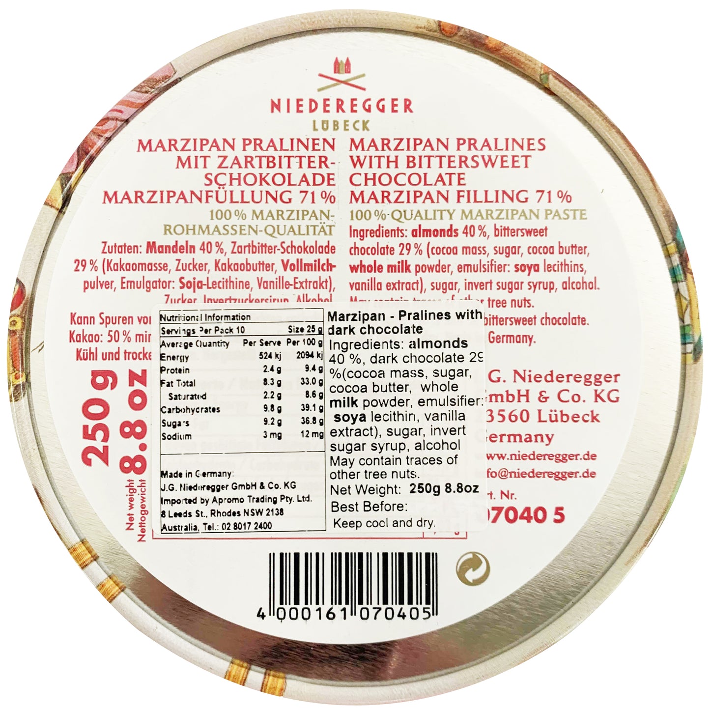 Neideregger Marzipan Pralines Dark Chocolate Christmas Tin | Harris Farm Online