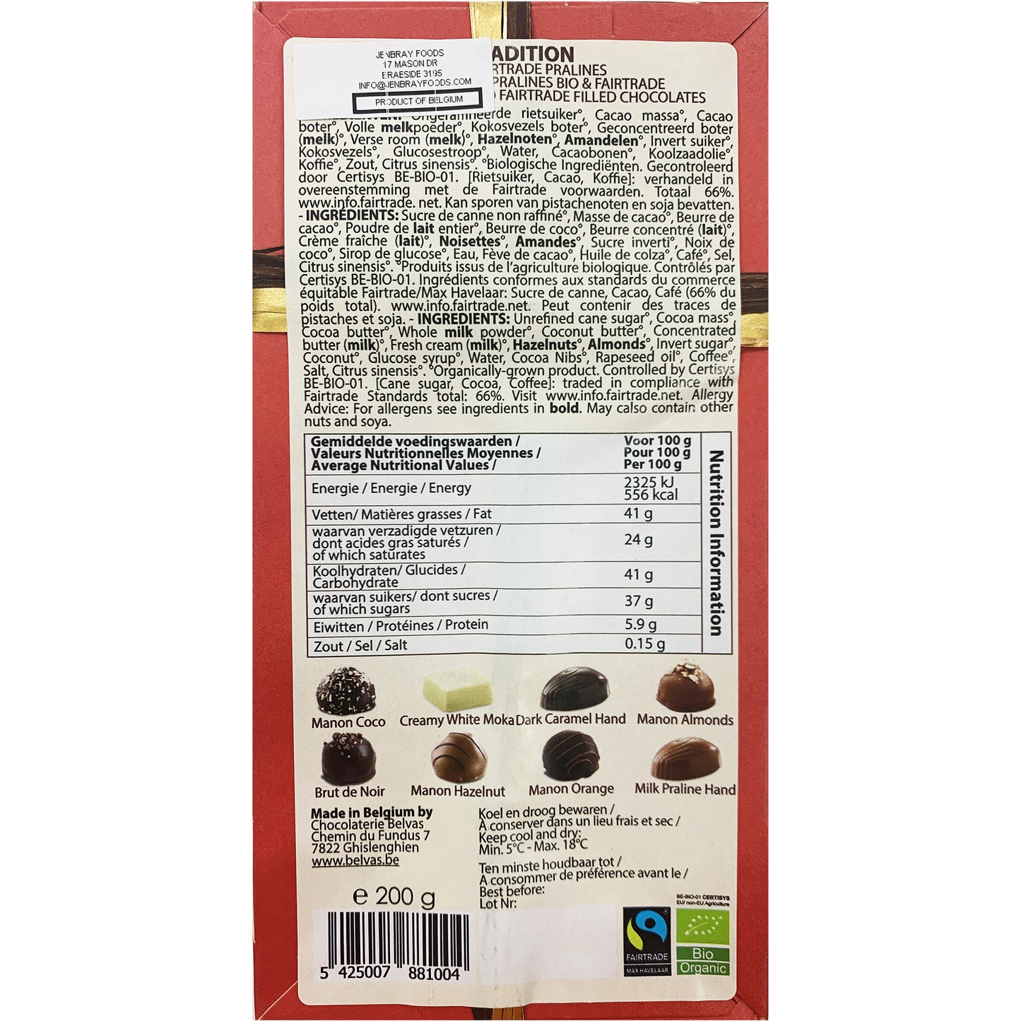 Belvas Assorted Organic Belgian Chocolate Pralines Ballotin | Harris Farm Online