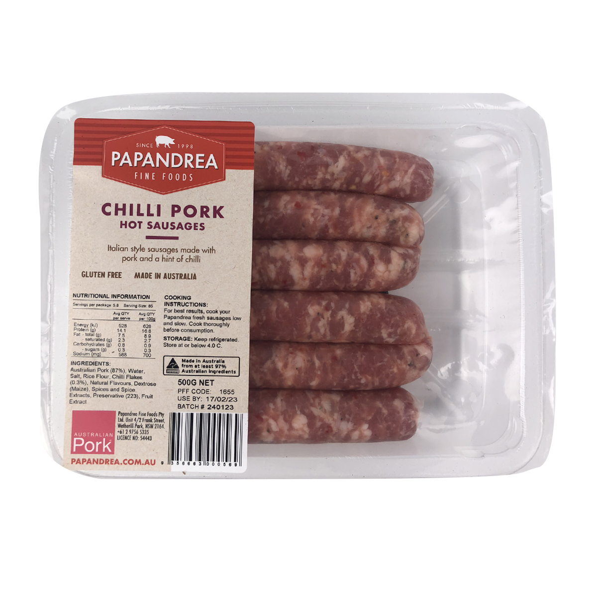 Papandrea Fine Foods Chilli Pork Sausages 500g