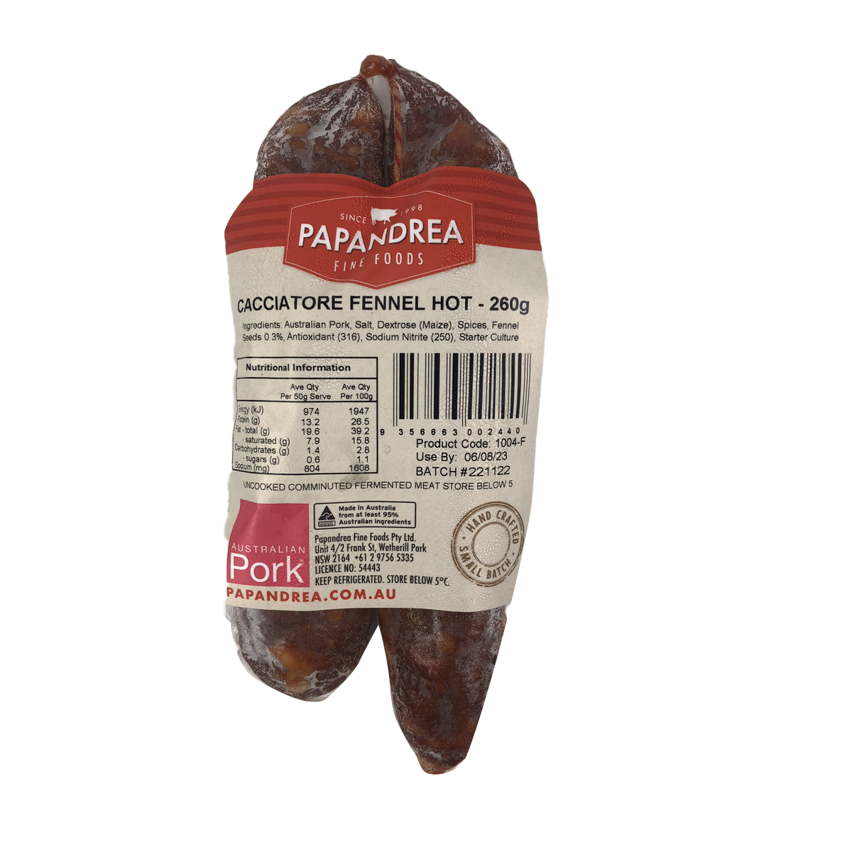 Papandrea Fine Foods Cacciatore Fennel Hot 260g