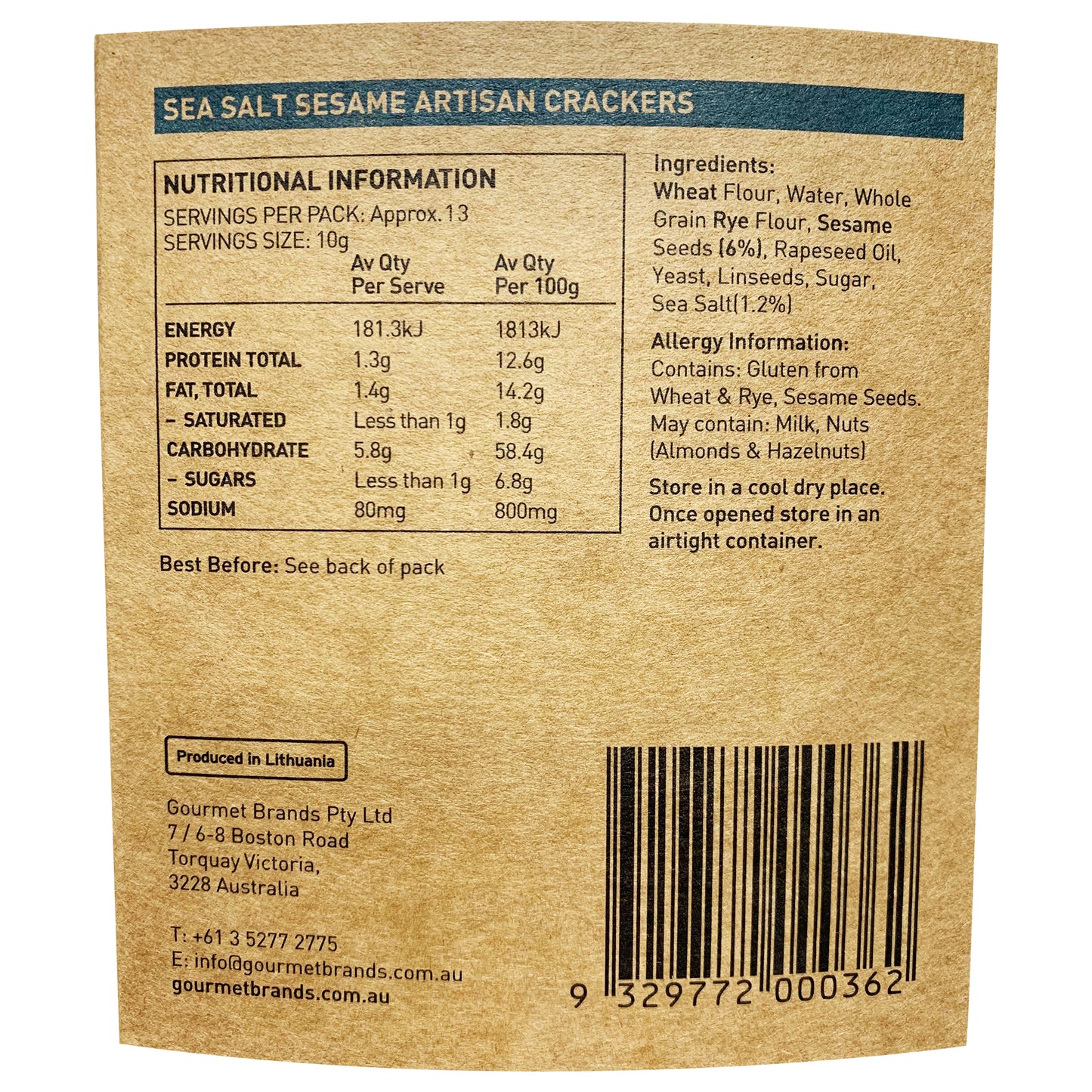 Valley Produce Co Sea Salt and Sesame Artisan Crackers 130g