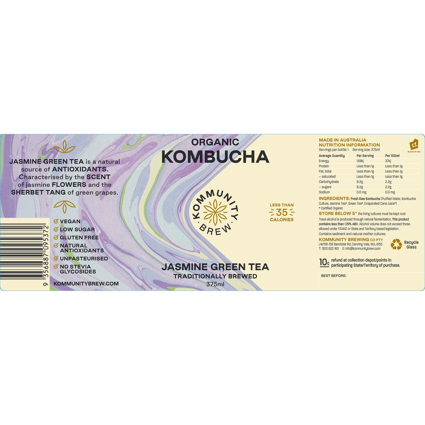 Kommunity Brew Organic Kombucha Jasmine Green Tea | Harris Farm Online