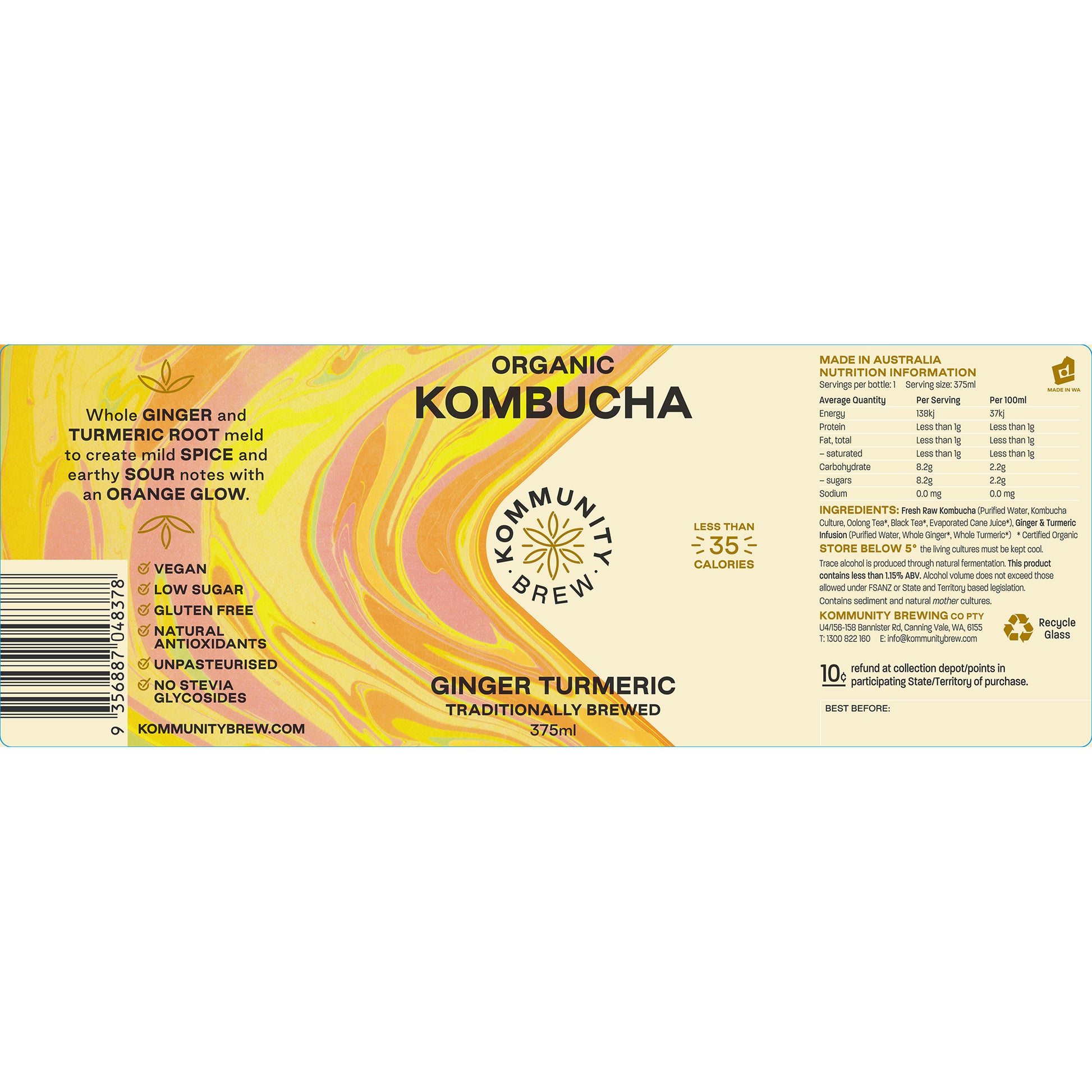 Kommunity Brew Organic Kombucha Ginger and Turmeric | Harris Farm Online