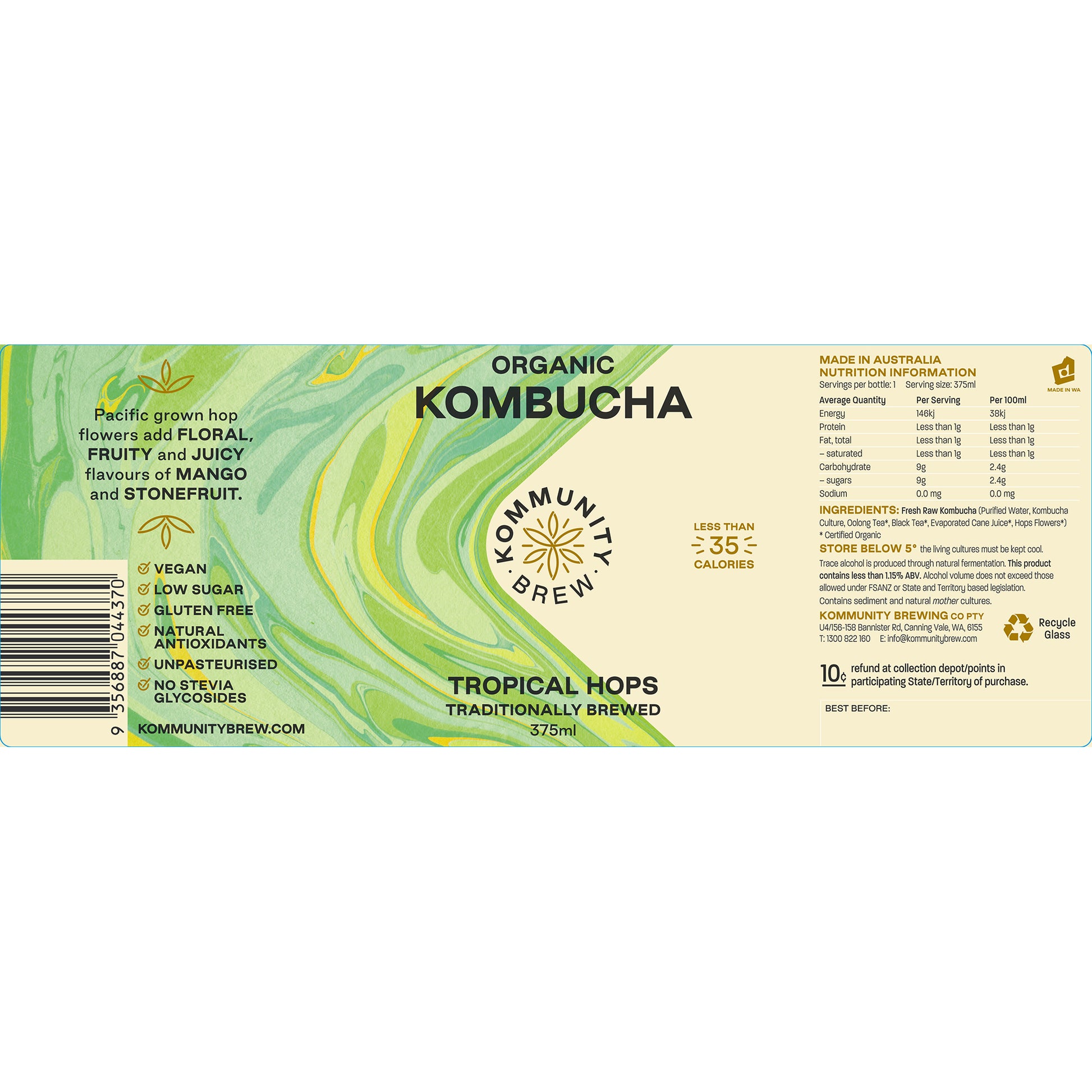 Kommunity Brew Organic Kombucha Tropical Hops | Harris Farm Online