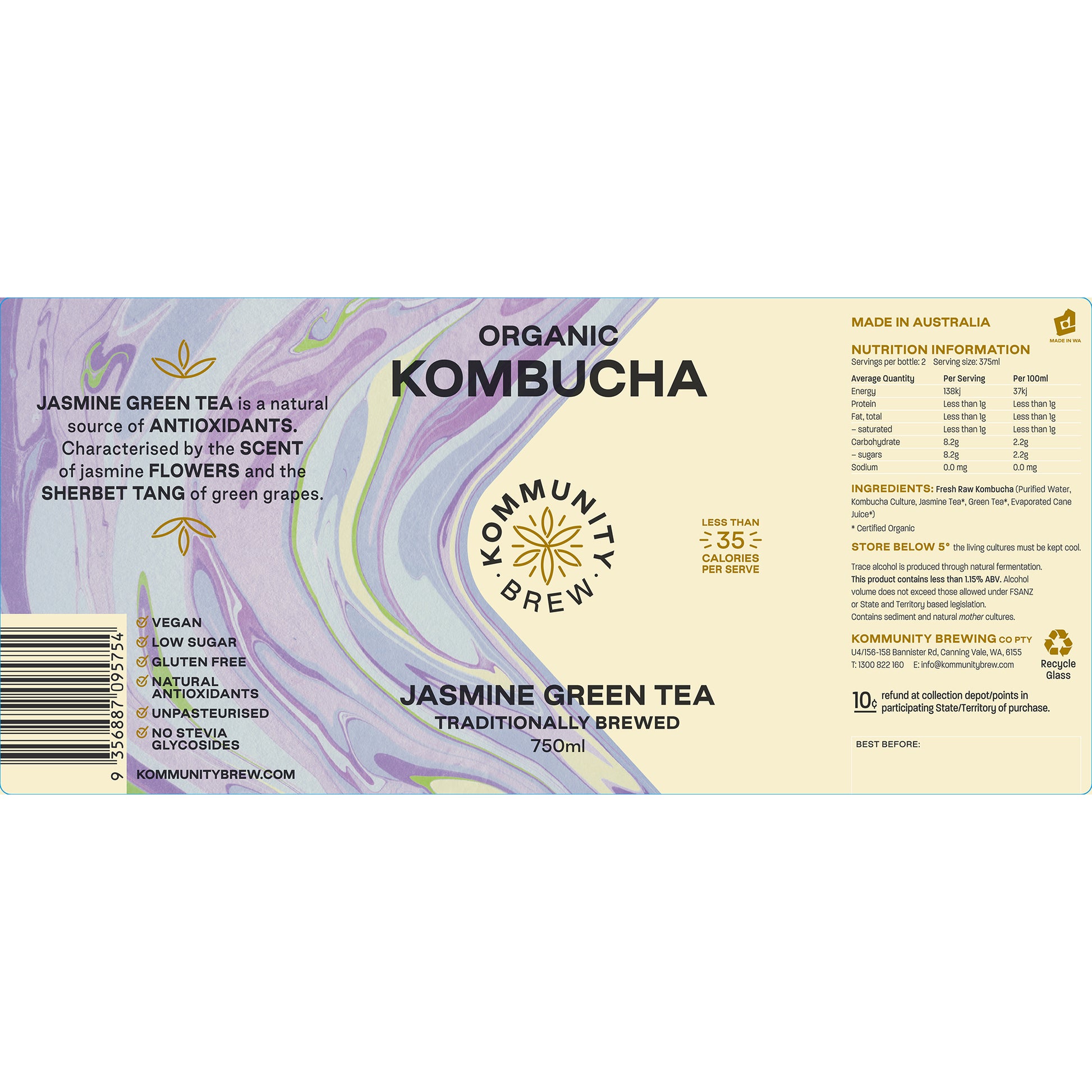 Kommunity Brew Organic Kombucha Jasmine Green Tea | Harris Farm Online