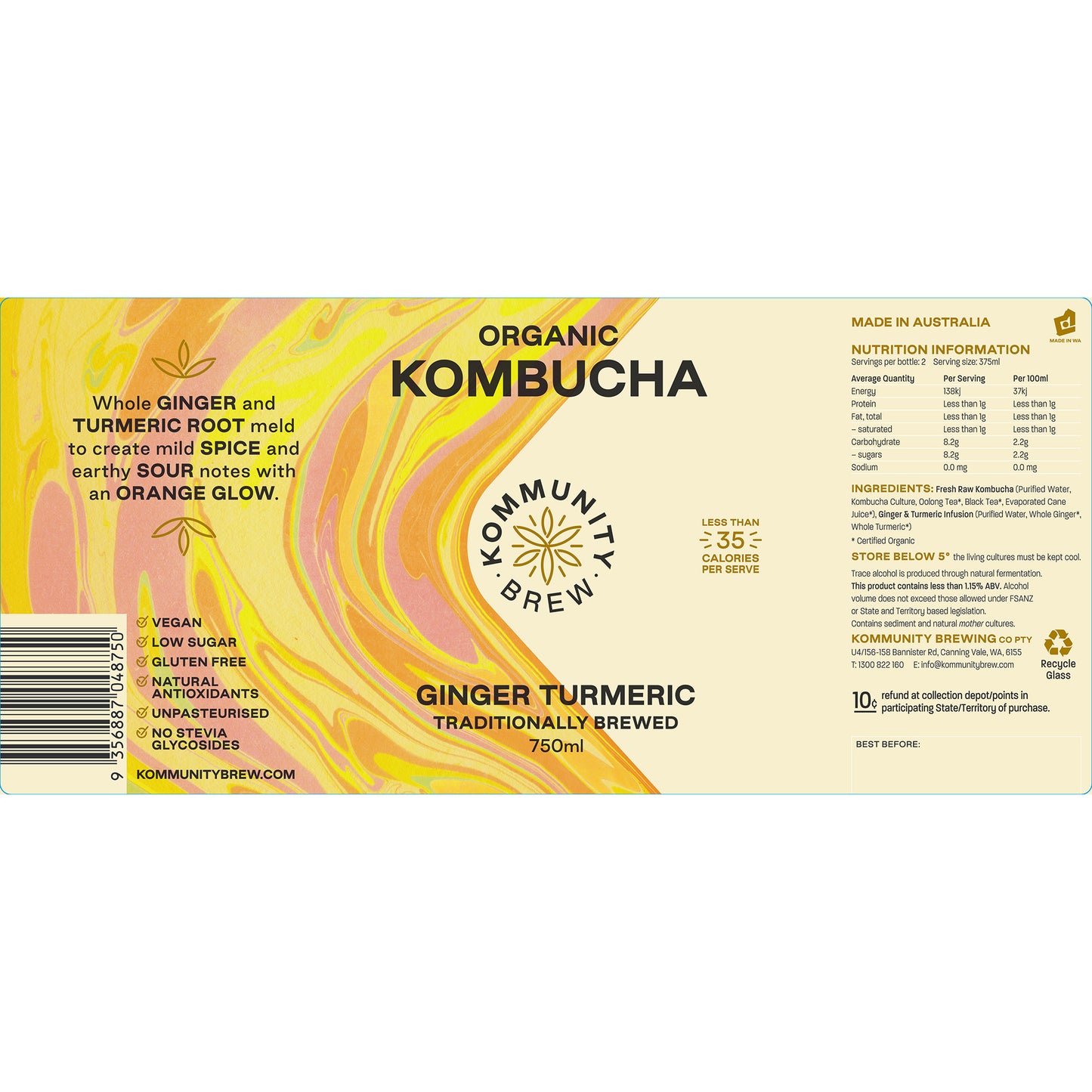 Kommunity Brew Organic Kombucha Ginger and Turmeric | Harris Farm Online