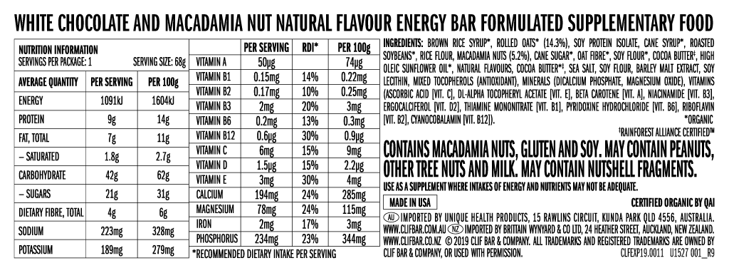 Clif Bar White Chocolate Macadamia Nut Energy Bar | Harris Farm Online